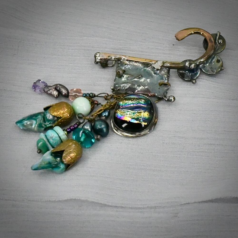 Cathleen McLain OOAK Brutalist Dangle Brooch Kilt Pin Artisan Glass 3.5"